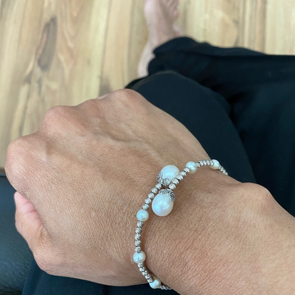 Sterling Silver Pearl Sparkle Bead Cuff Bracelet - Picture 4 of 5